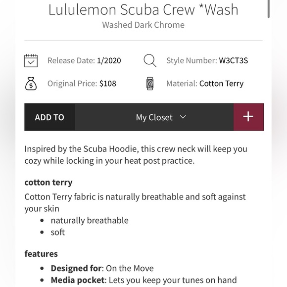 Lululemon Scuba Crew in Washed Dark Chrome - Picture 10 of 10